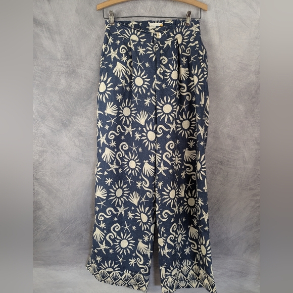C&C California Size Medium 100% Linen Wide Leg Trouser Pants Ocean Design - Picture 2 of 12